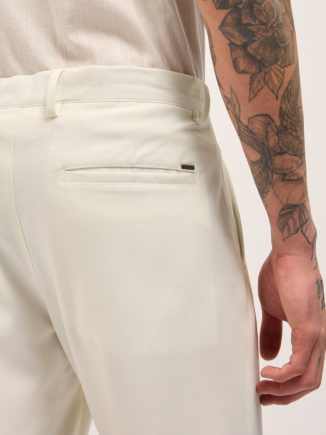 Men Cream Solid Regular Fit Formal Trousers