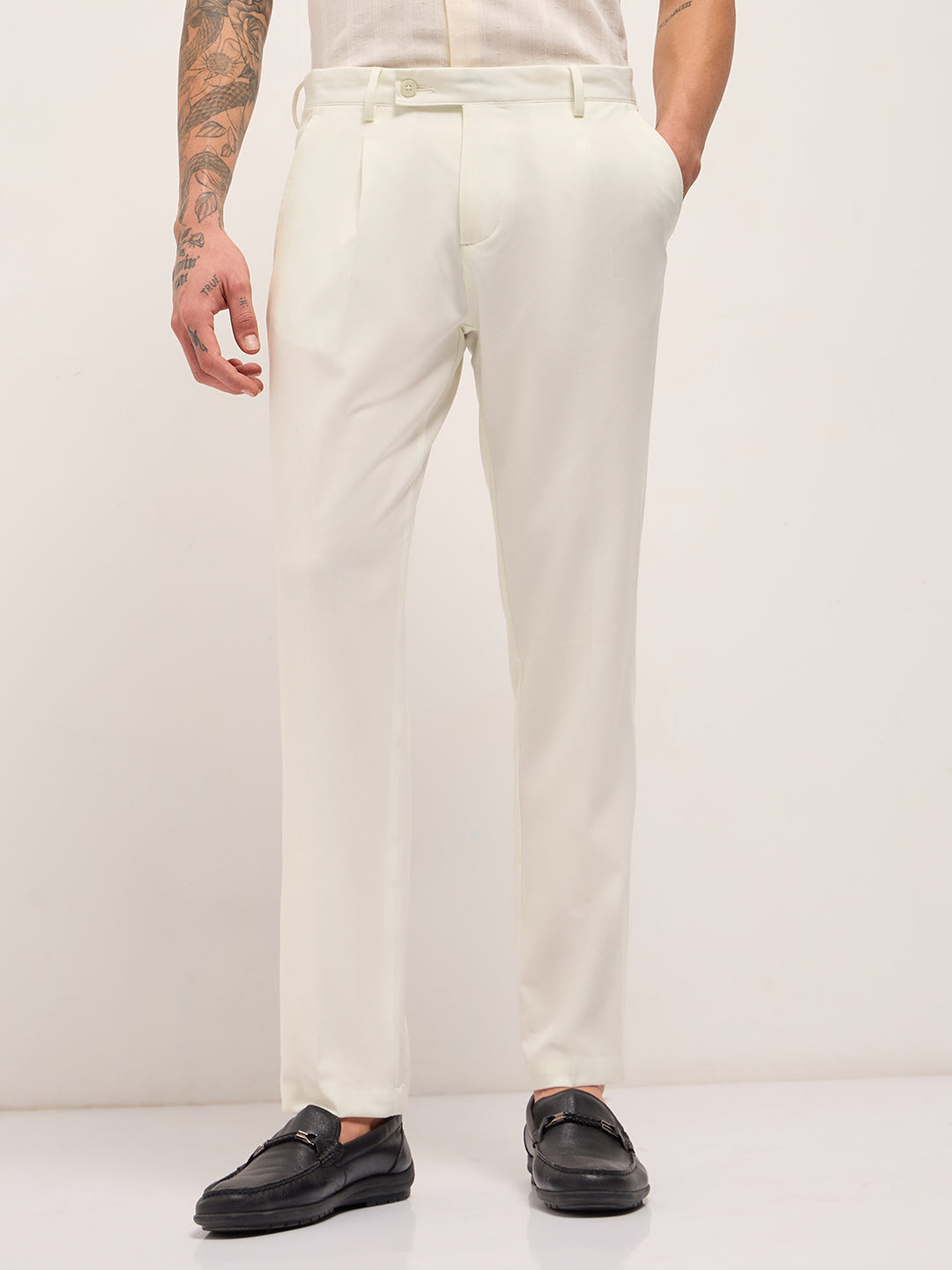 Men Cream Solid Regular Fit Formal Trousers