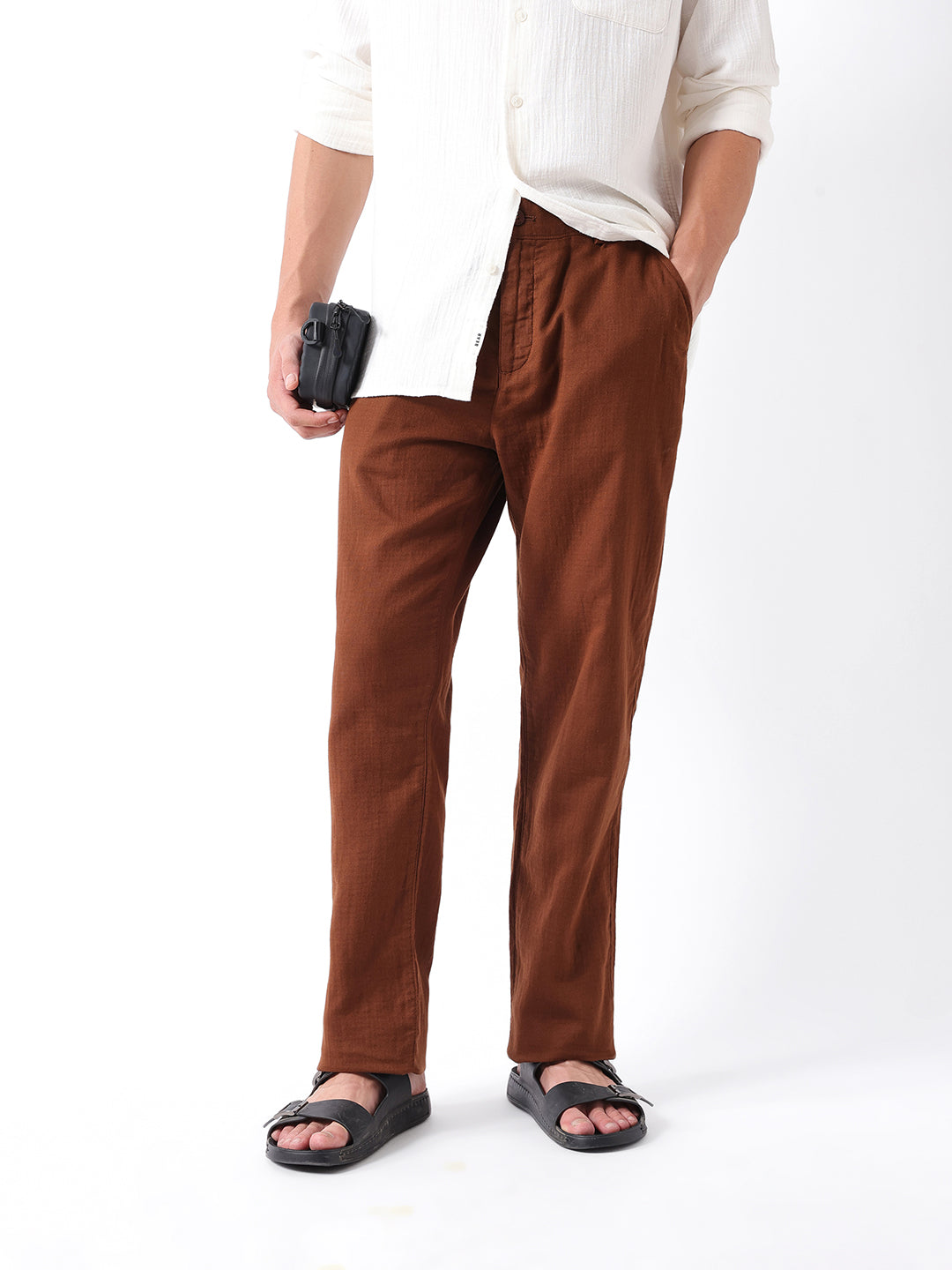 Men Brown Solid Casual Trouser