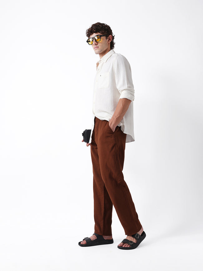 Men Brown Solid Casual Trouser