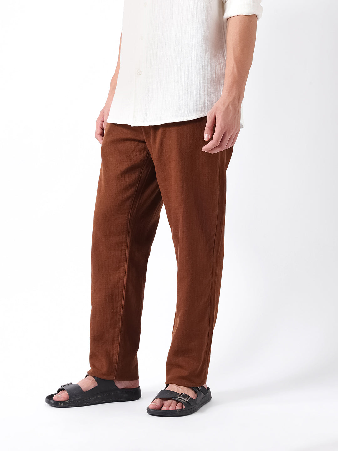 Men Brown Solid Casual Trouser