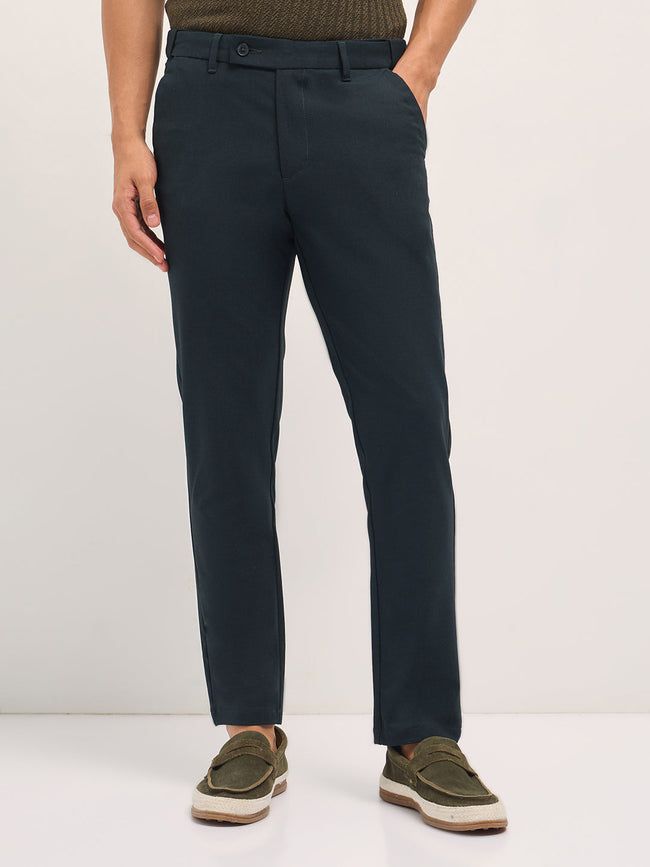 Men Dark Green Solid Polyester Blend Slim Fit Formal Trousers