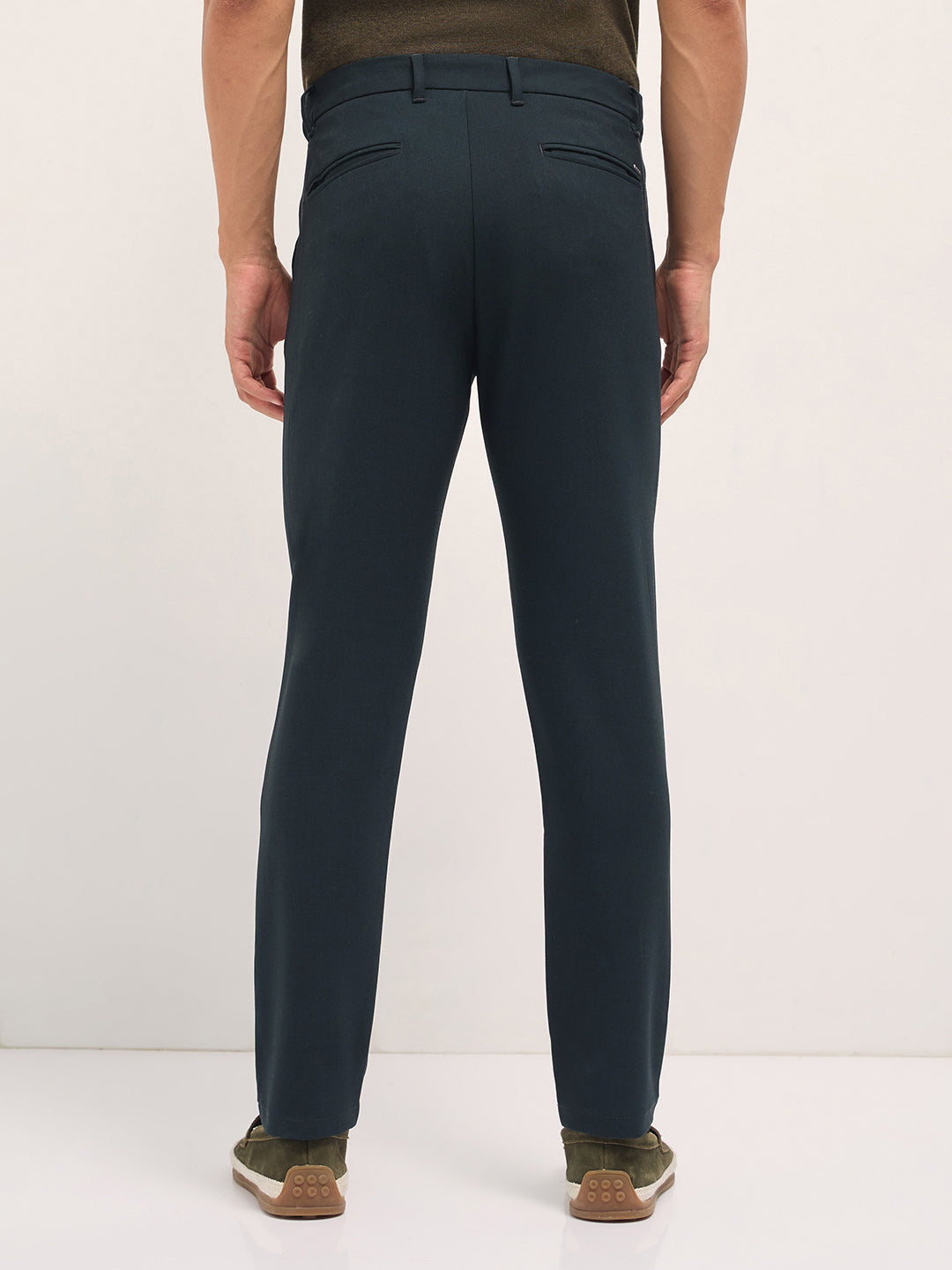 Men Dark Green Solid Polyester Blend Slim Fit Formal Trousers
