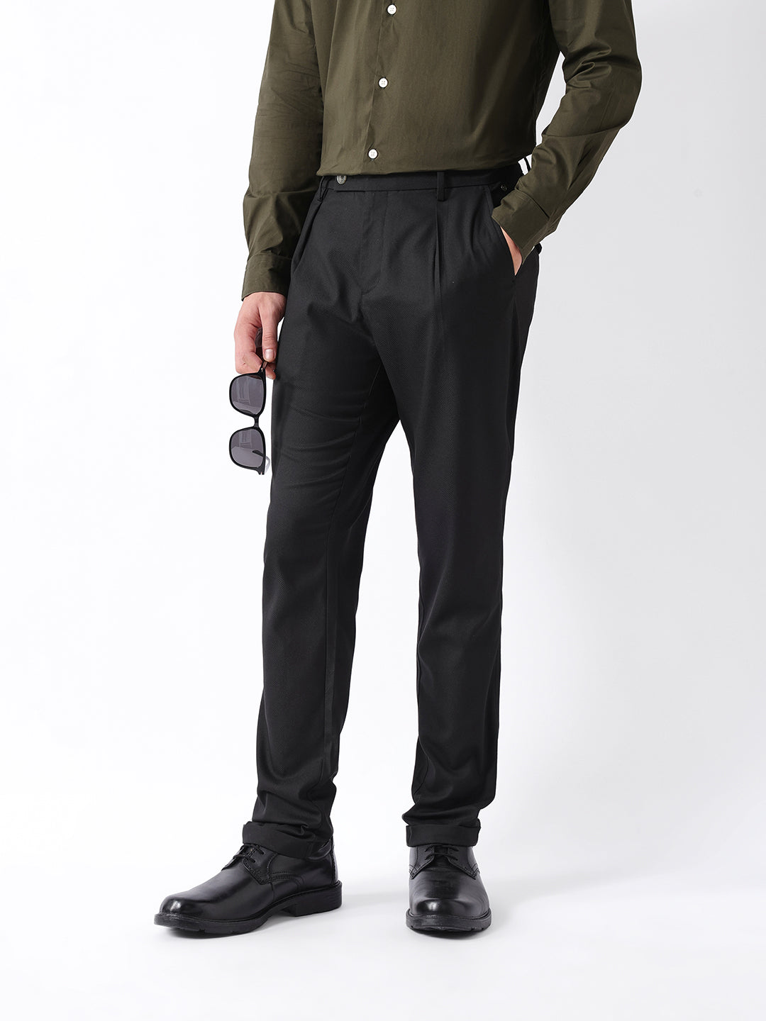 Men Black Self Design Formal Trouser