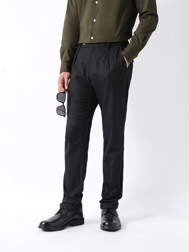 Men Black Self Design Formal Trouser