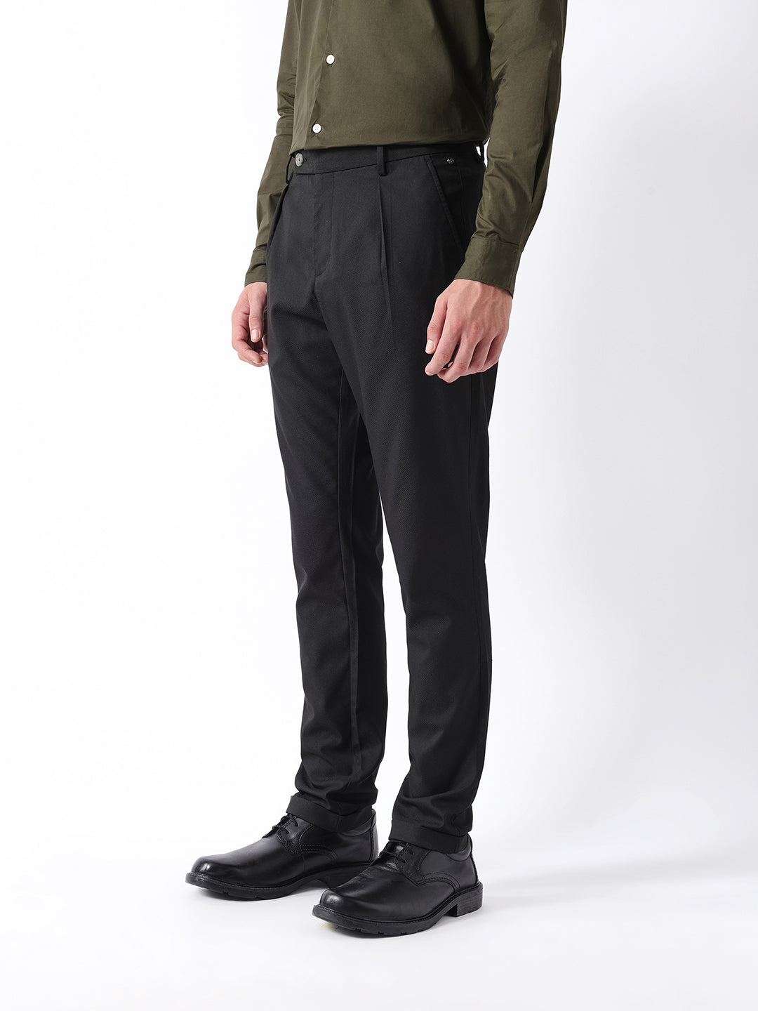 Men Black Self Design Formal Trouser