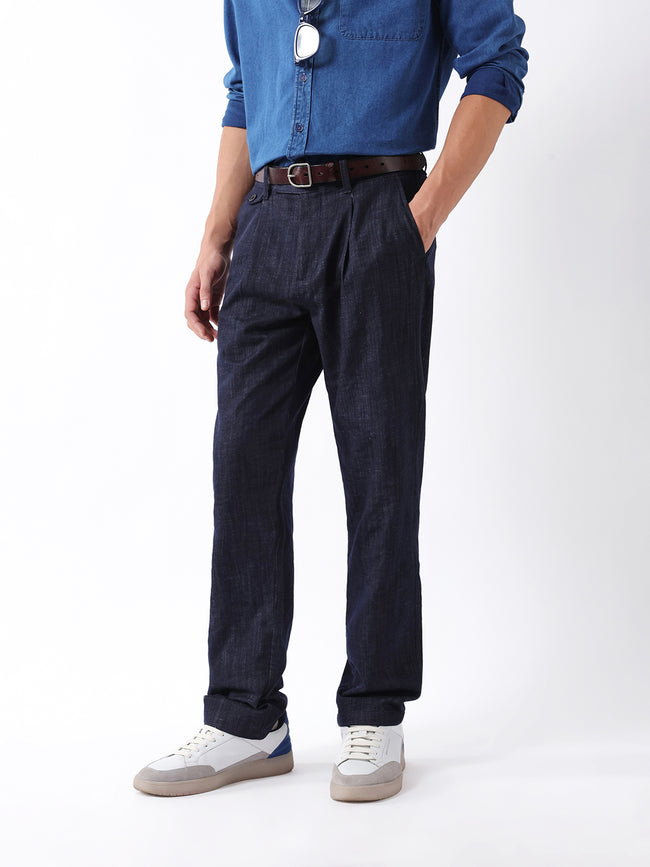 Men Navy Solid Formal Trouser