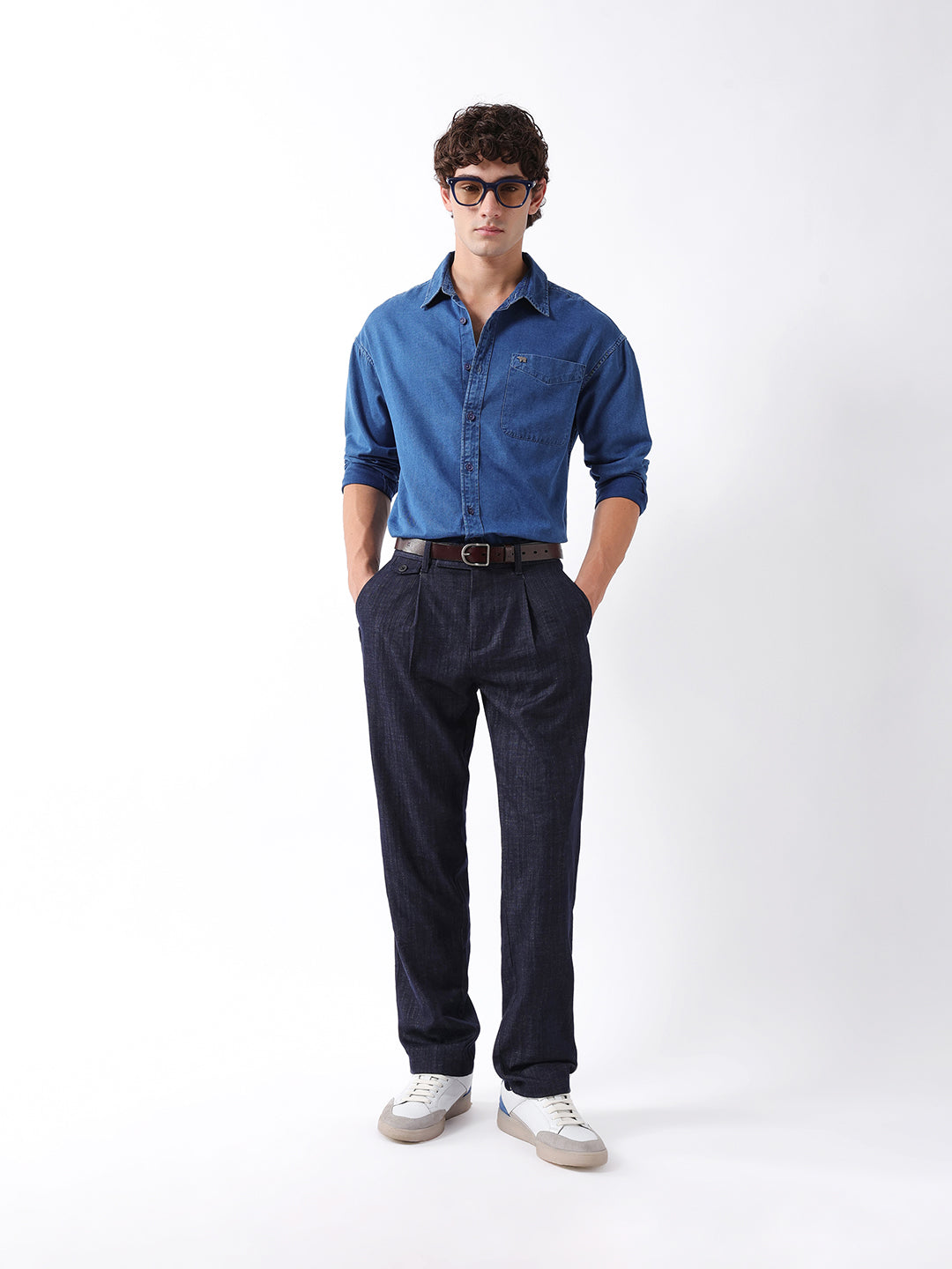 Men Navy Solid Formal Trouser