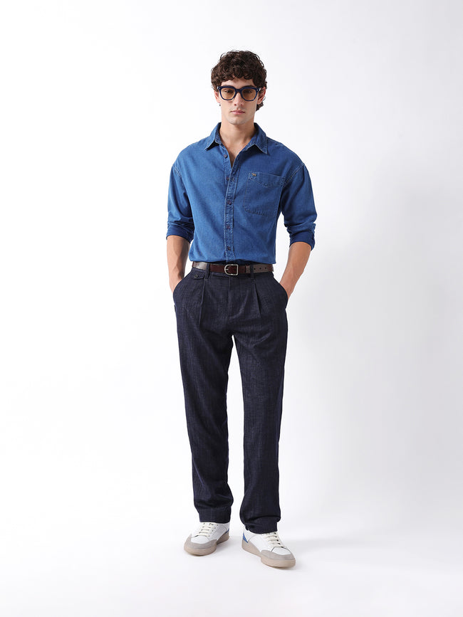 Men Navy Solid Formal Trouser