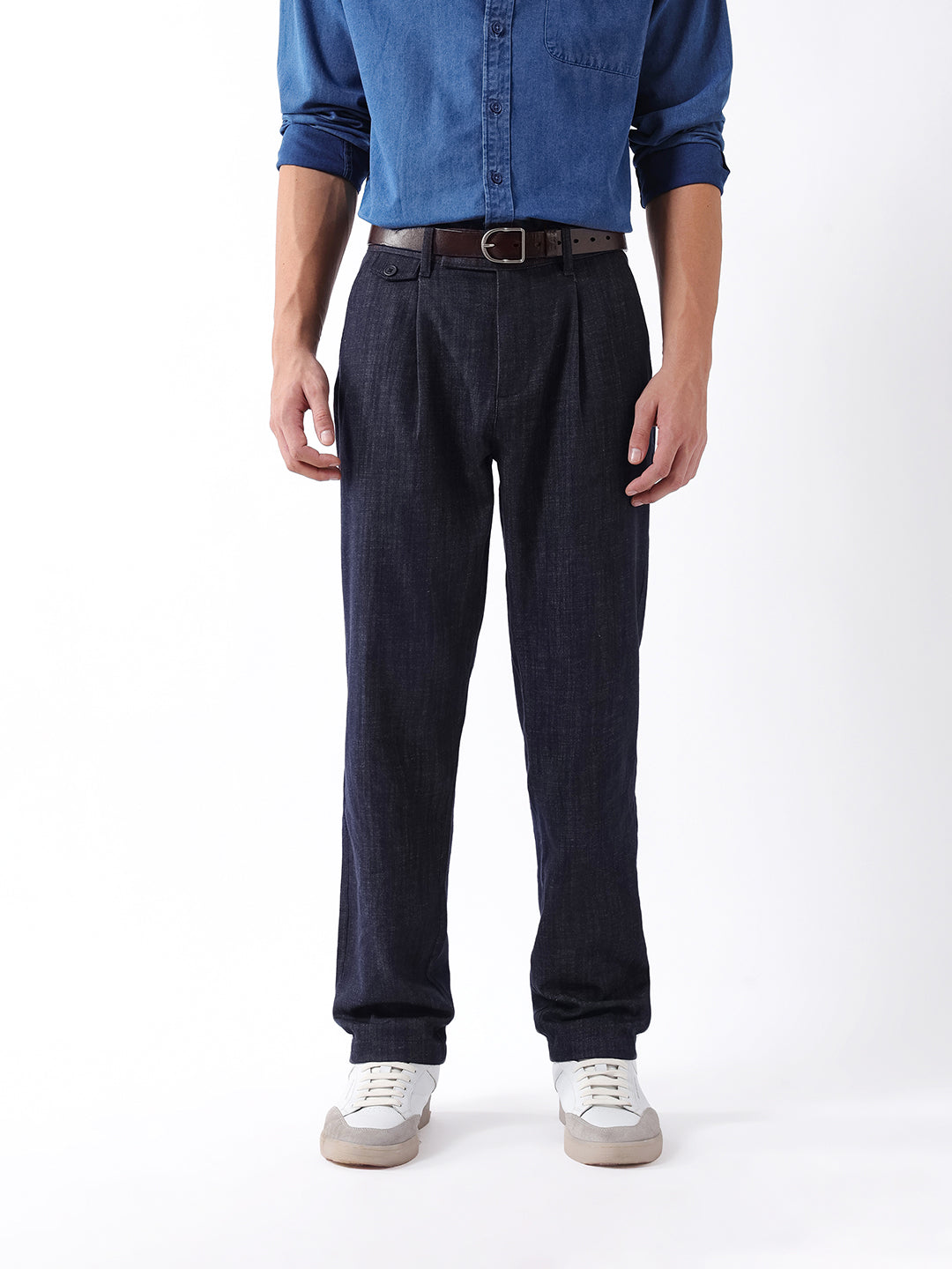 Men Navy Solid Formal Trouser