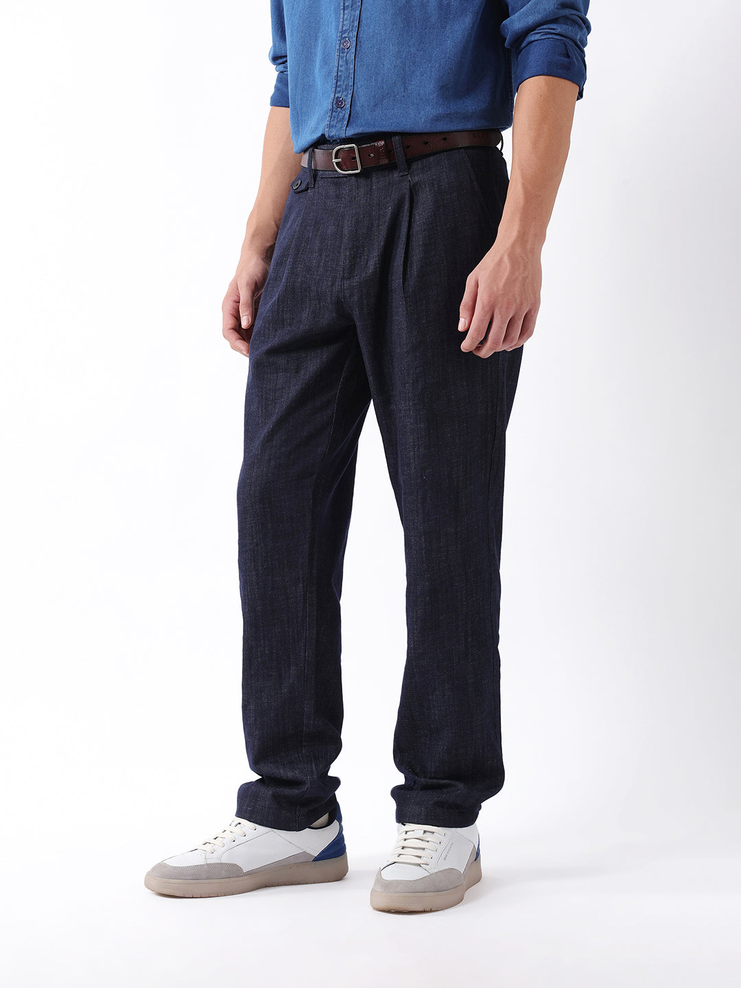 Men Navy Solid Formal Trouser