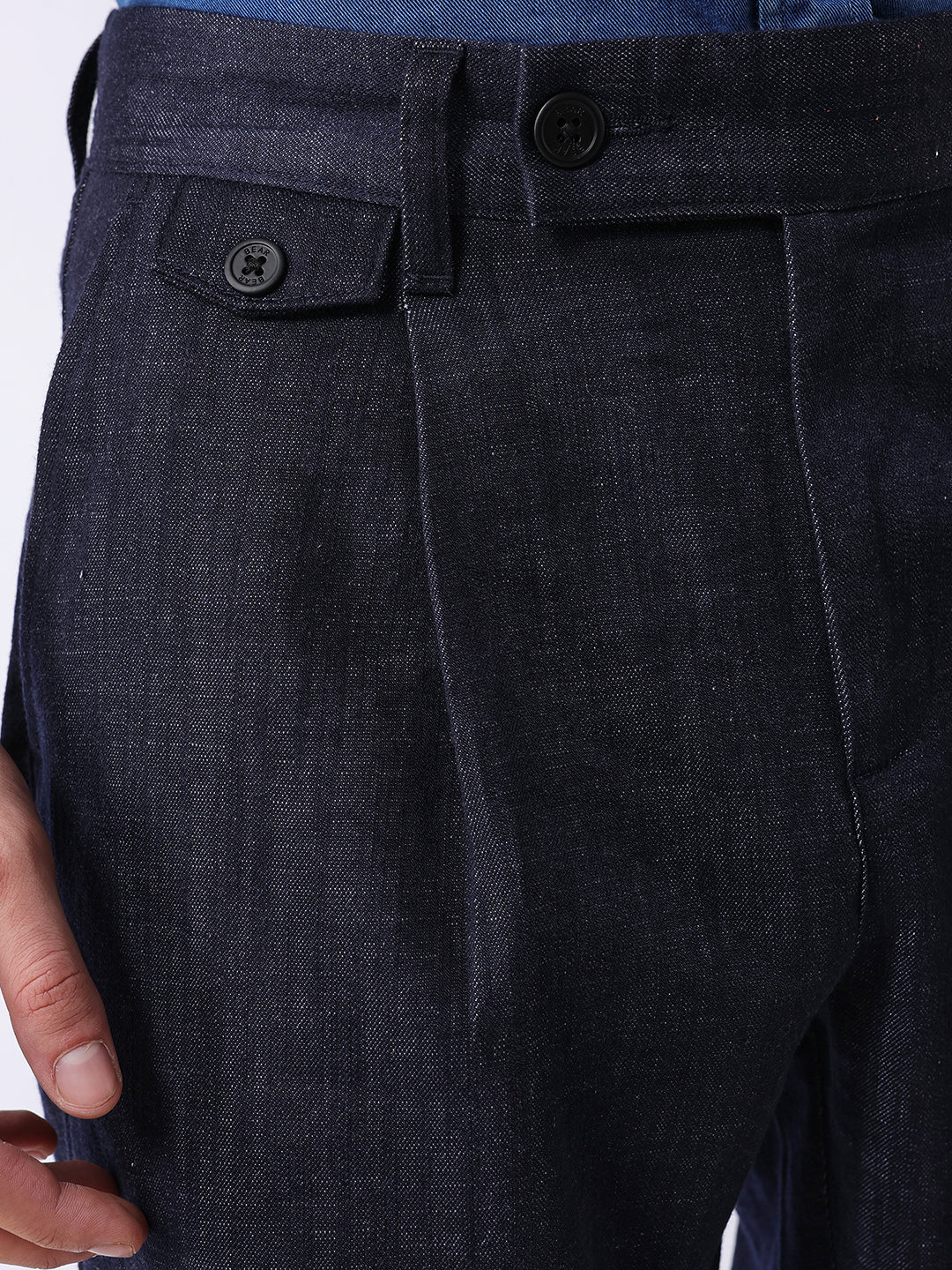 Men Navy Solid Formal Trouser