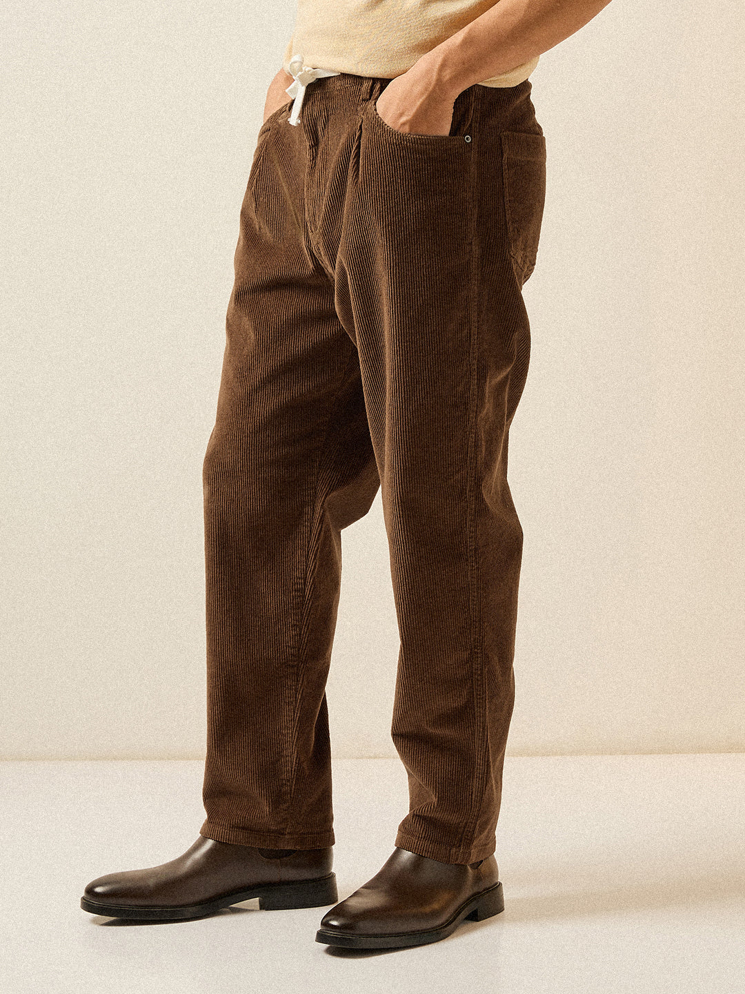 Men Brown Solid Baggy Fit Corduroy Cotton Pant