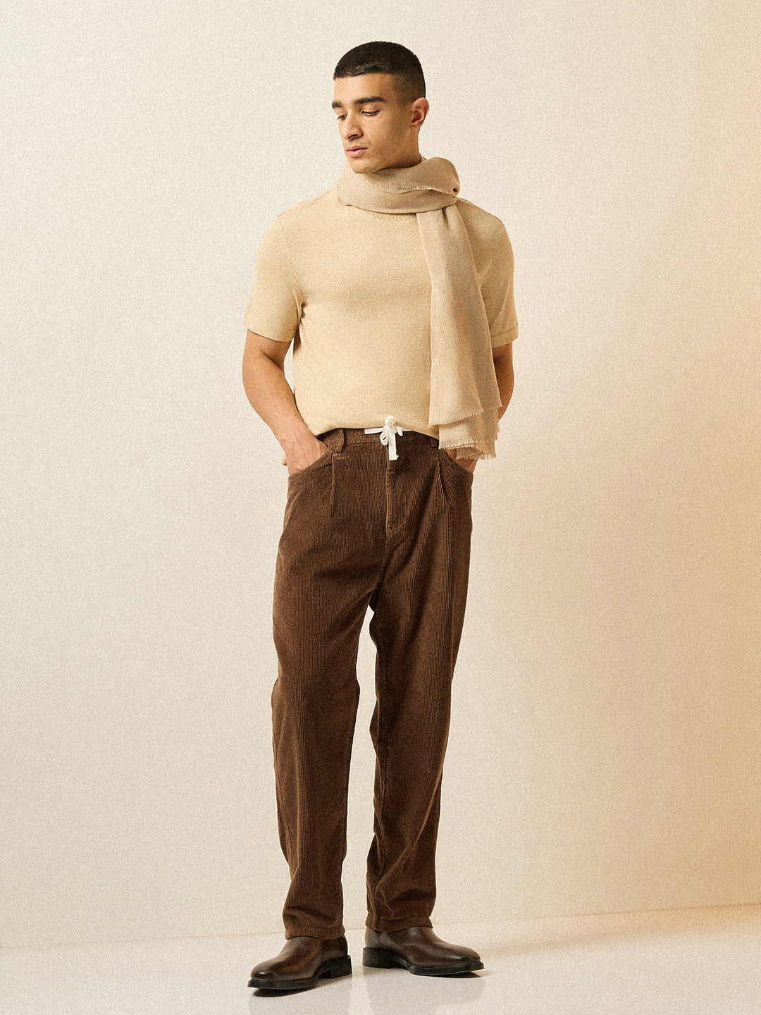 Men Brown Solid Baggy Fit Corduroy Cotton Pant