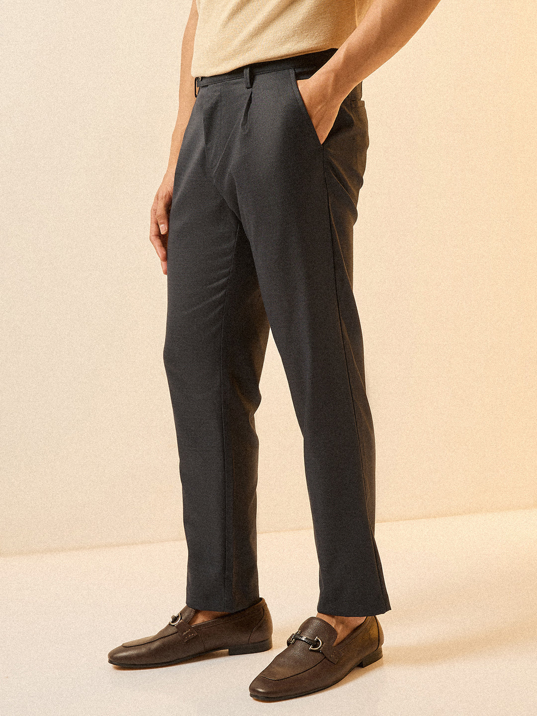 Men Blue Solid Regular Fit Formal Trouser