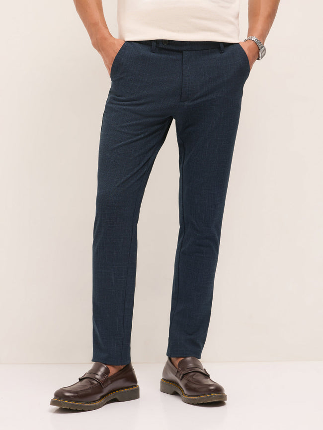 Men Blue Woven Design Slim Fit Formal Trousers