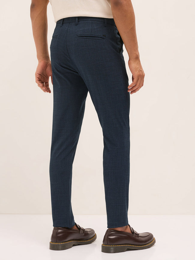 Men Blue Woven Design Slim Fit Formal Trousers