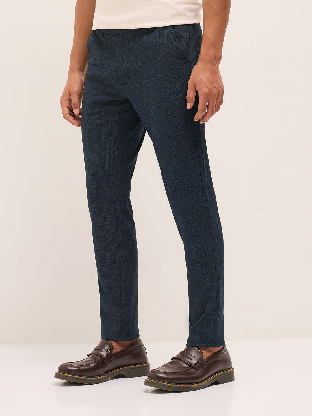 Men Blue Woven Design Slim Fit Formal Trousers
