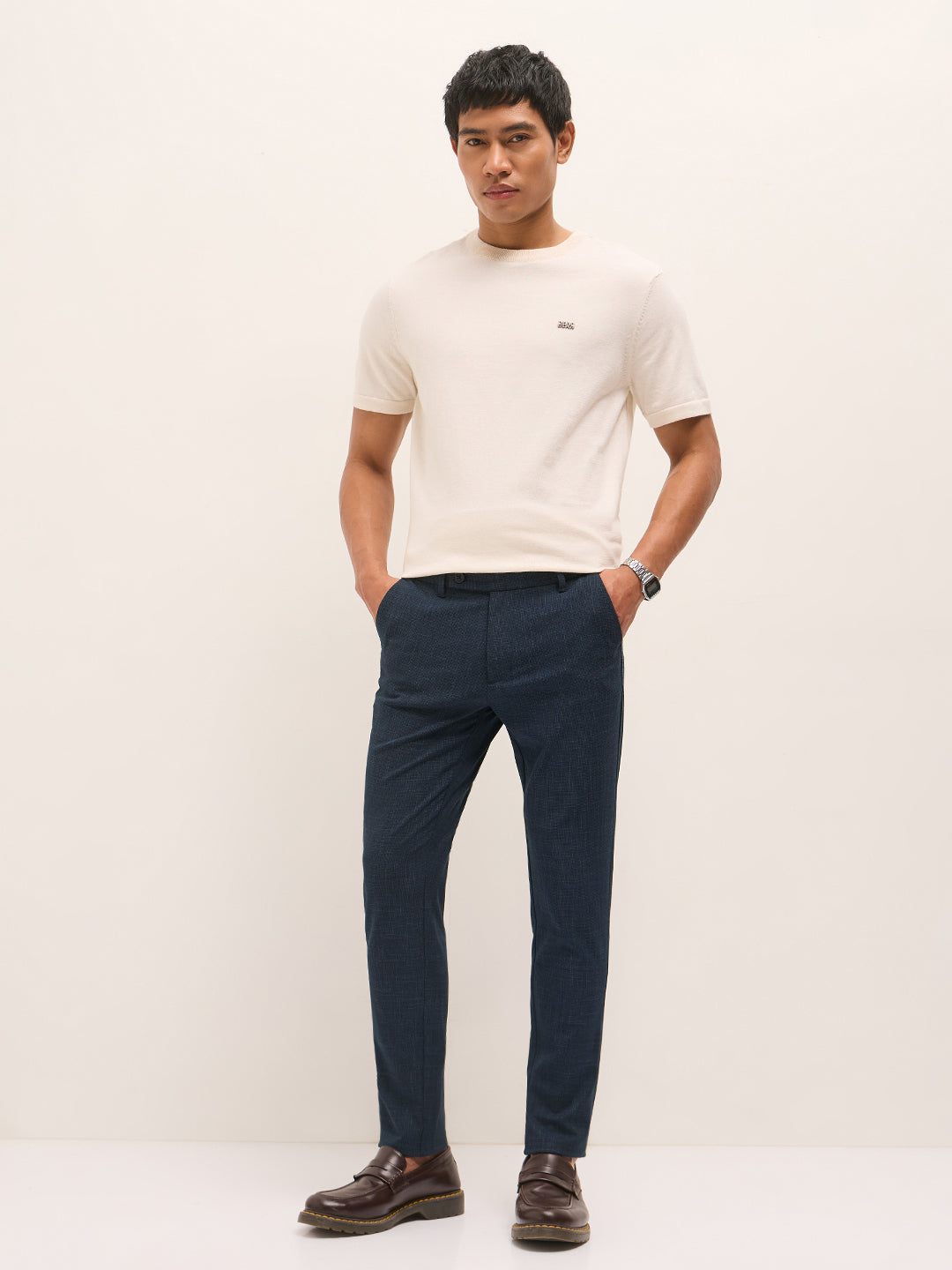 Men Blue Woven Design Slim Fit Formal Trousers
