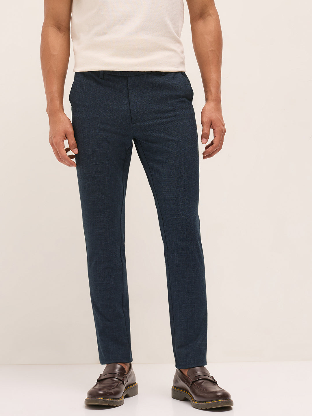 Men Blue Woven Design Slim Fit Formal Trousers