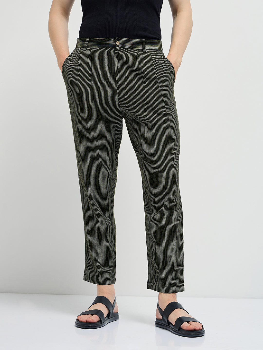 Men Green Striped Slim Fit Casual Trousers