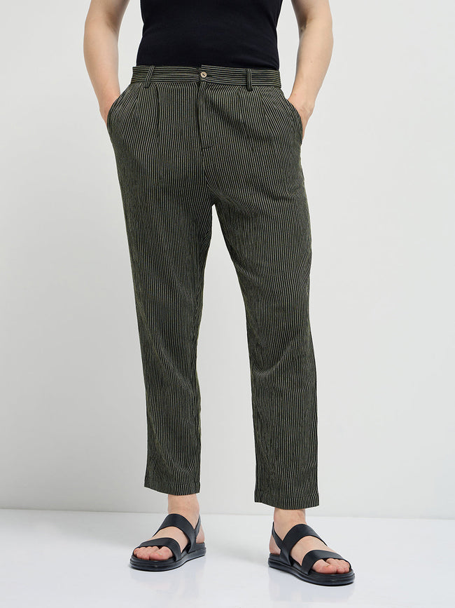 Men Green Striped Slim Fit Casual Trousers