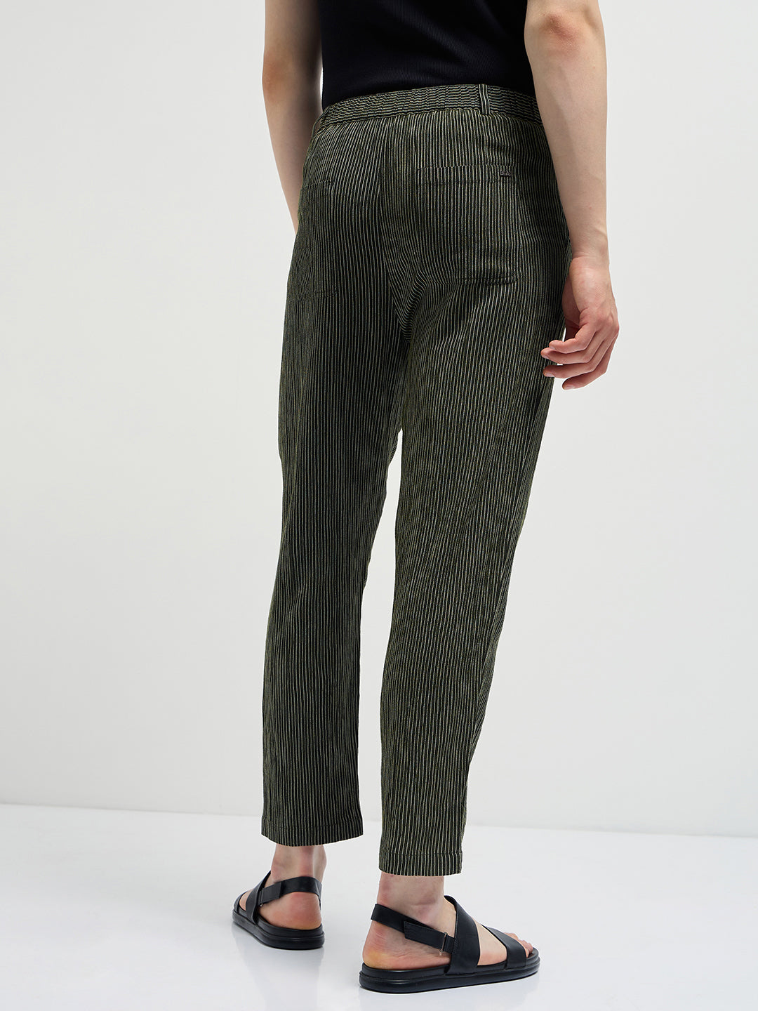Men Green Striped Slim Fit Casual Trousers