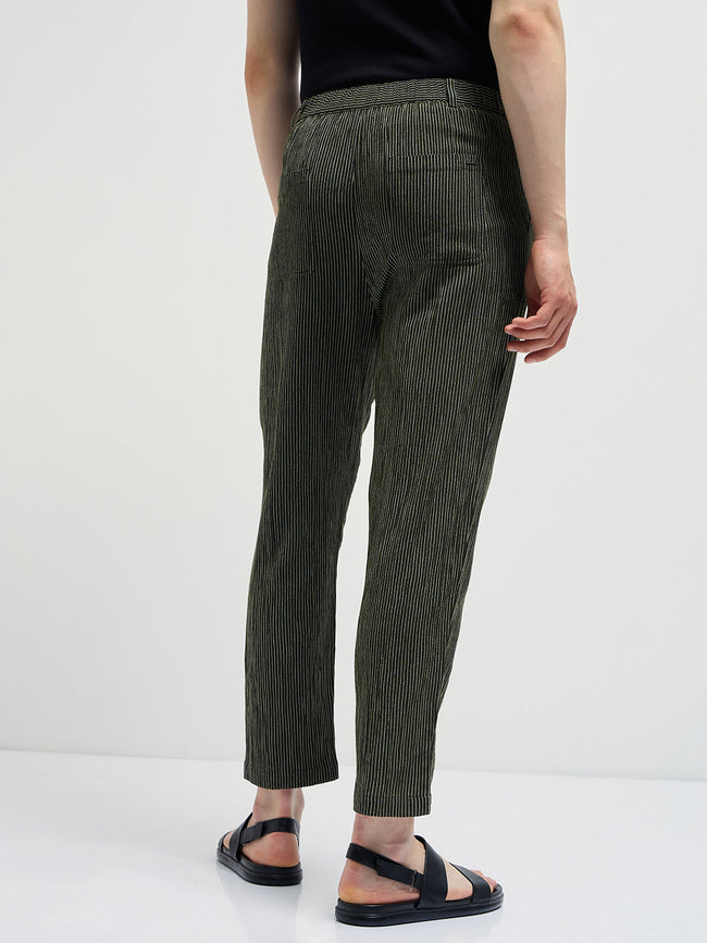 Men Green Striped Slim Fit Casual Trousers