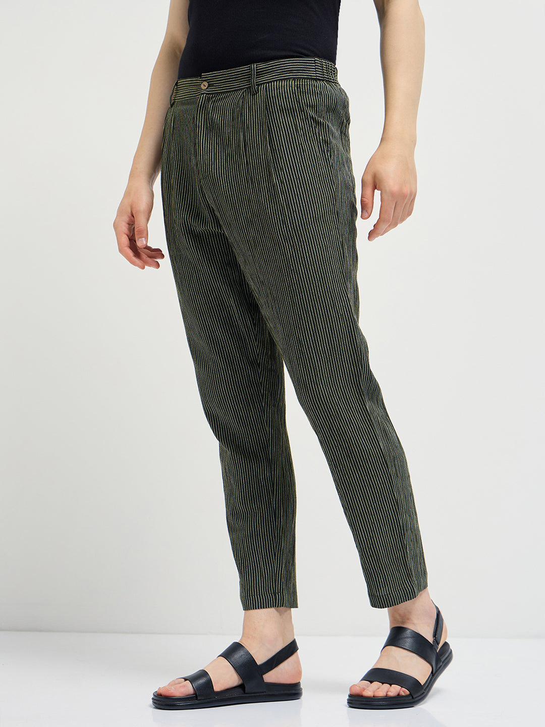 Men Green Striped Slim Fit Casual Trousers