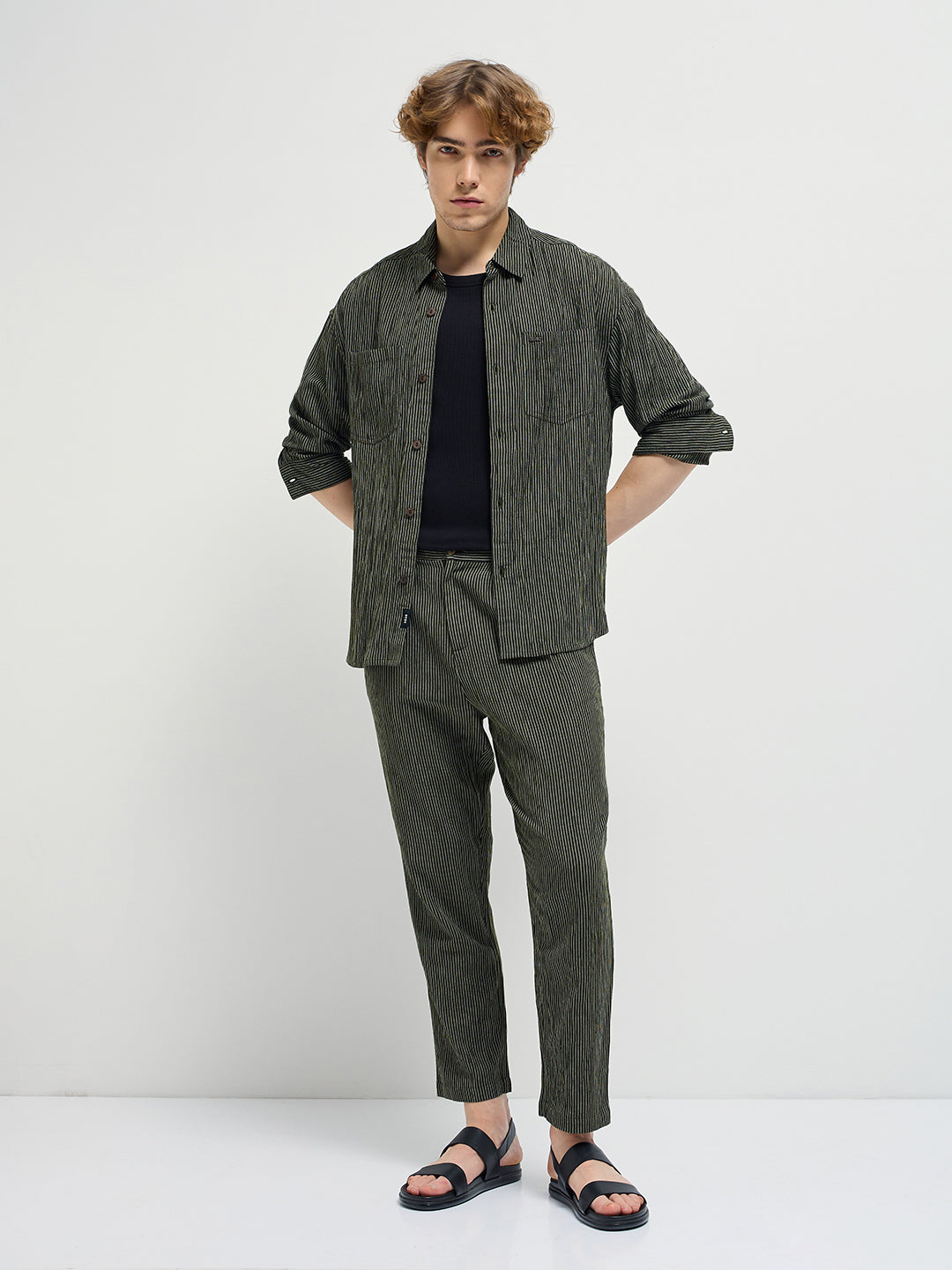 Men Green Striped Slim Fit Casual Trousers