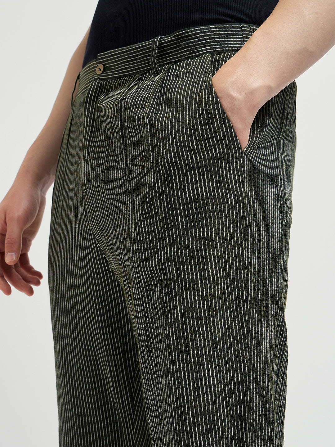 Men Green Striped Slim Fit Casual Trousers