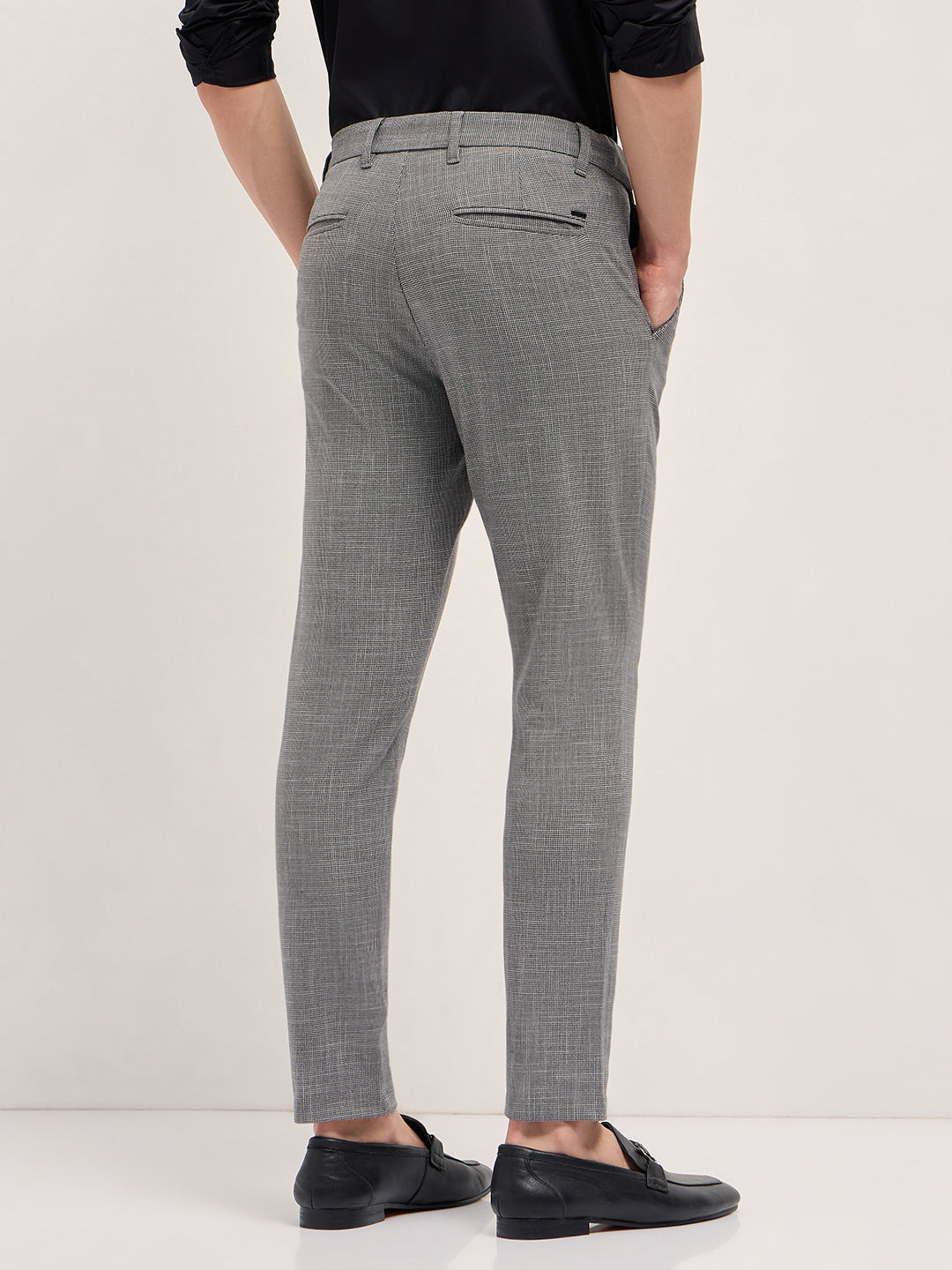 Men Grey Woven Design Slim Fit Formal Trousers