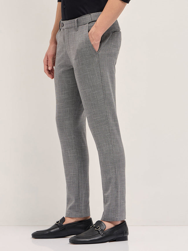 Men Grey Woven Design Slim Fit Formal Trousers