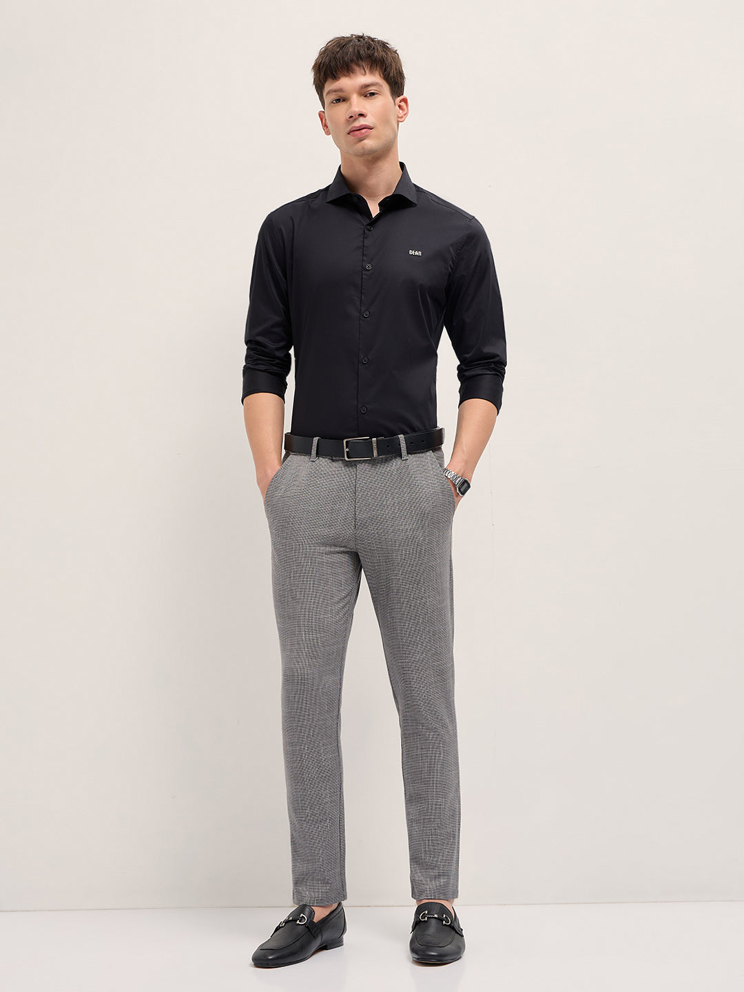 Men Grey Woven Design Slim Fit Formal Trousers