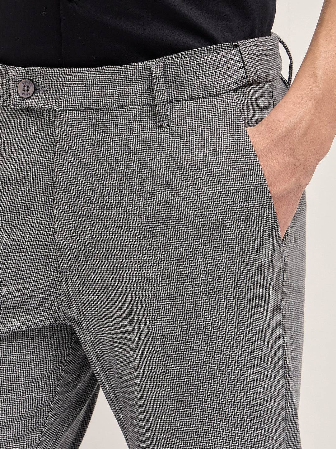 Men Grey Woven Design Slim Fit Formal Trousers