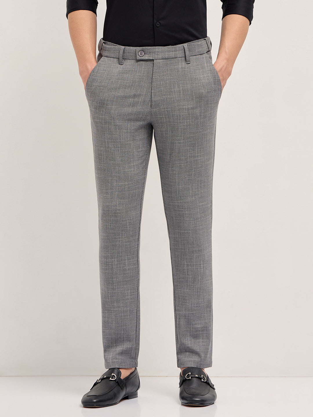 Men Grey Woven Design Slim Fit Formal Trousers
