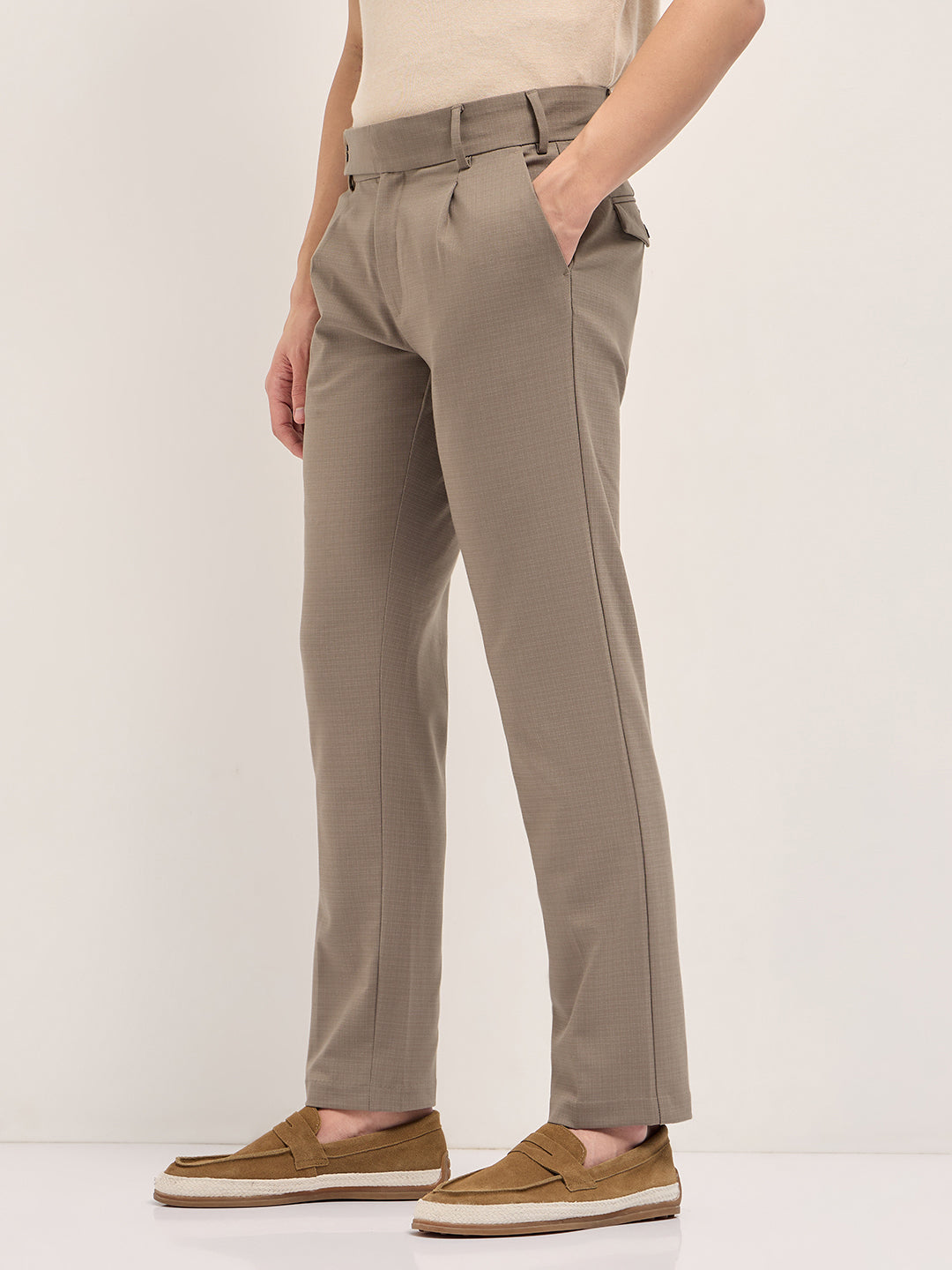 Men Brown Woven Checked Regular Fit Formal Trousers