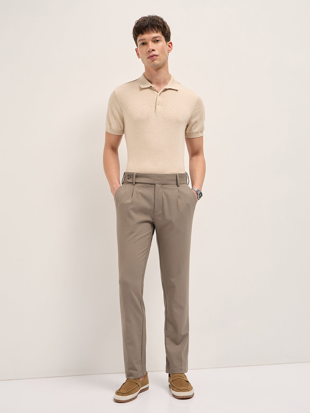 Men Brown Woven Checked Regular Fit Formal Trousers