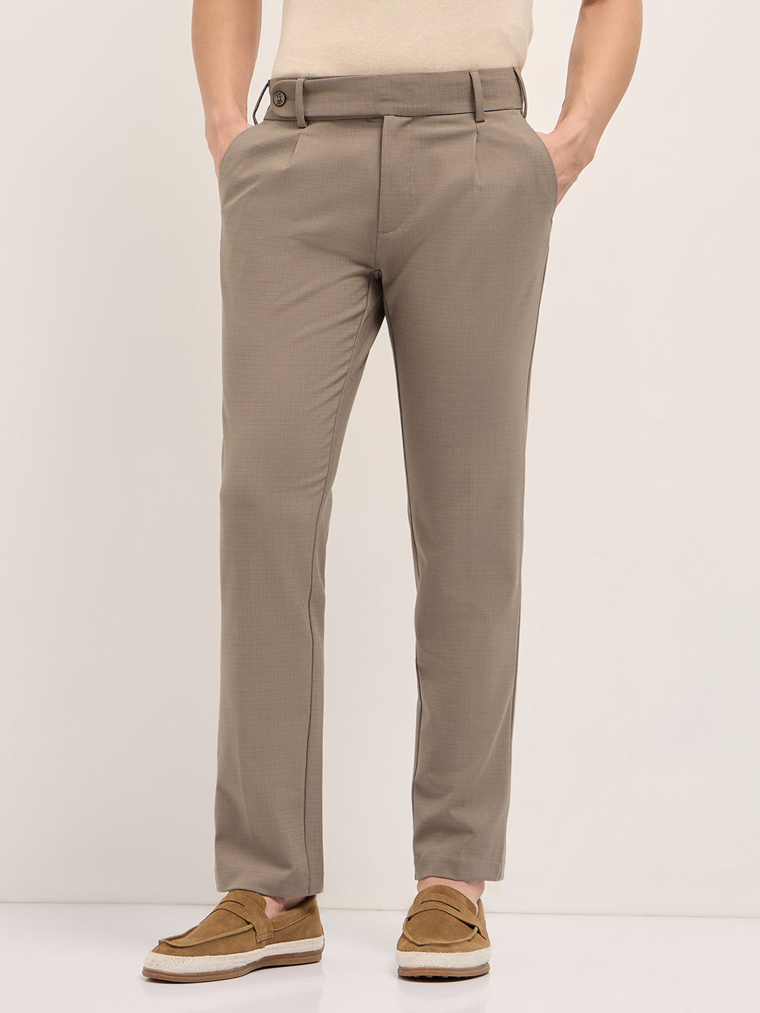 Men Brown Woven Checked Regular Fit Formal Trousers