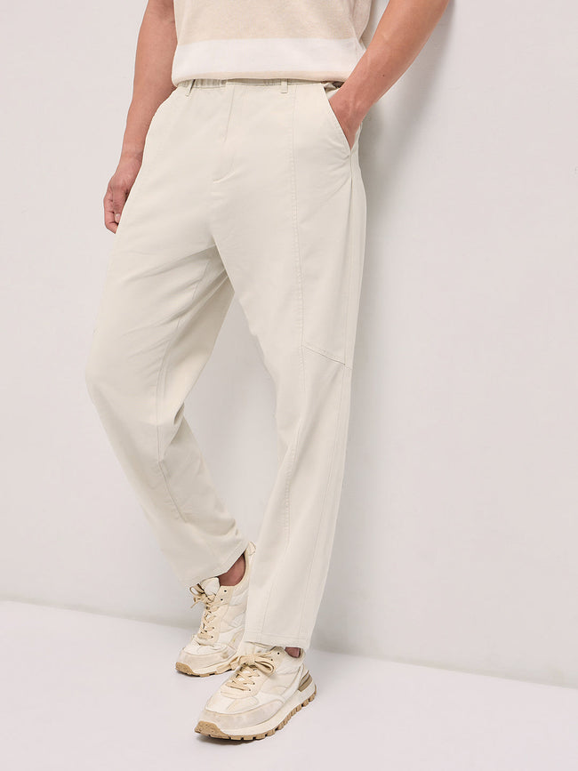 Men Cream Solid Baggy Fit Casual Trouser