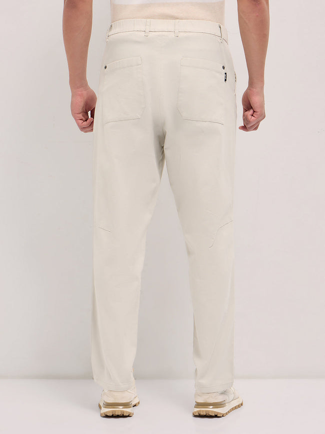 Men Cream Solid Baggy Fit Casual Trouser