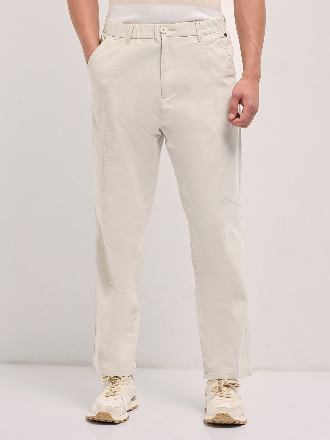 Men Cream Solid Baggy Fit Casual Trouser