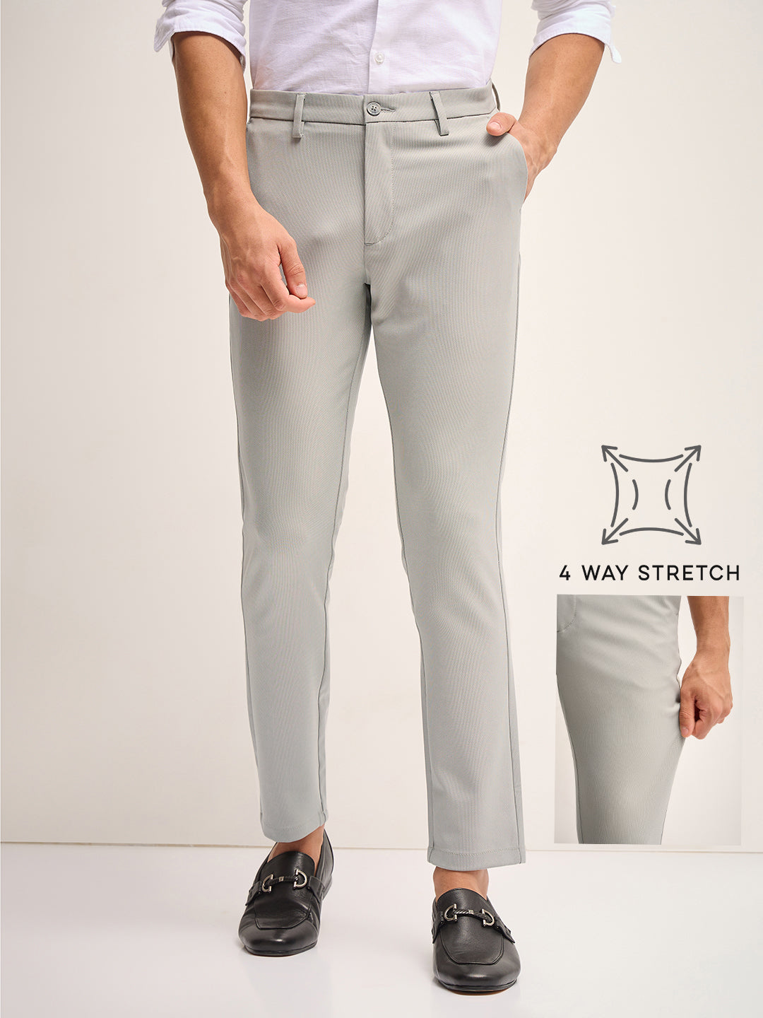 Men Grey Solid 4 Way Stretch Formal Trouser