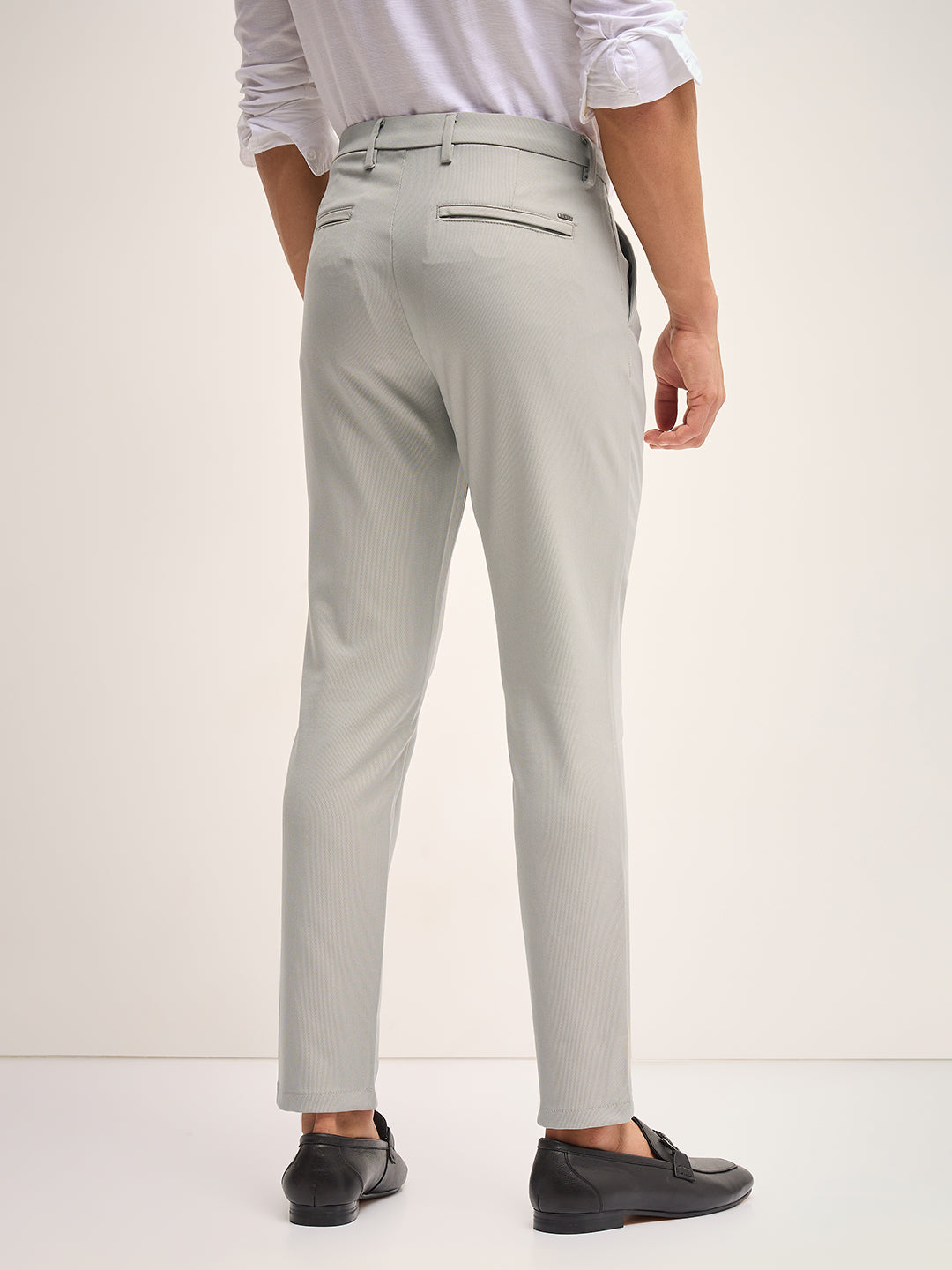 Men Grey Solid 4 Way Stretch Formal Trouser