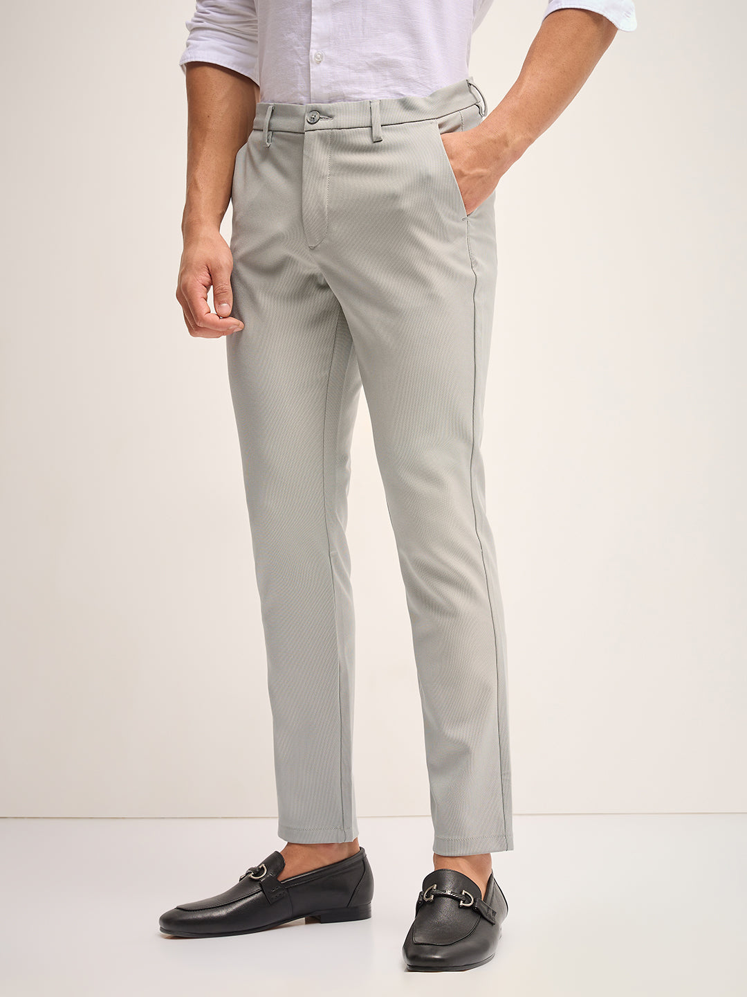 Men Grey Solid 4 Way Stretch Formal Trouser