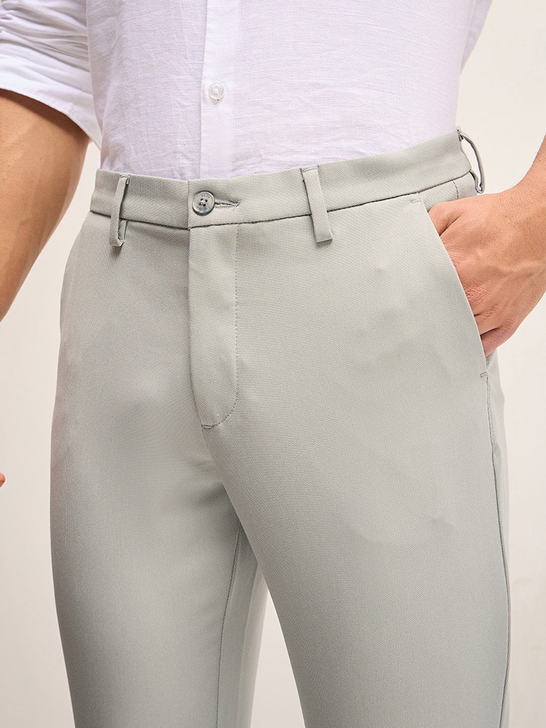 Men Grey Solid 4 Way Stretch Formal Trouser