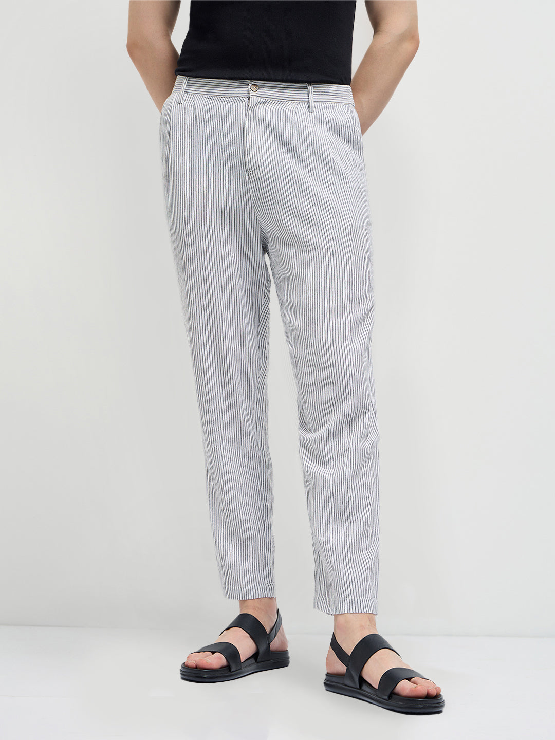 Men White Striped Slim Fit Casual Trousers
