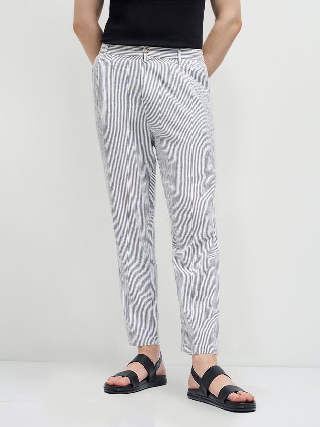 Men White Striped Slim Fit Casual Trousers