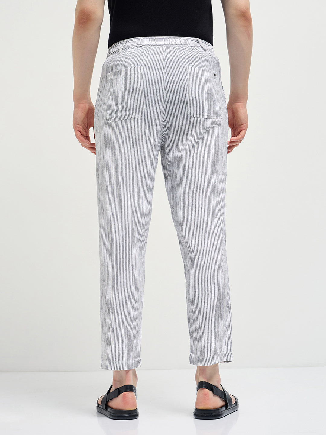 Men White Striped Slim Fit Casual Trousers
