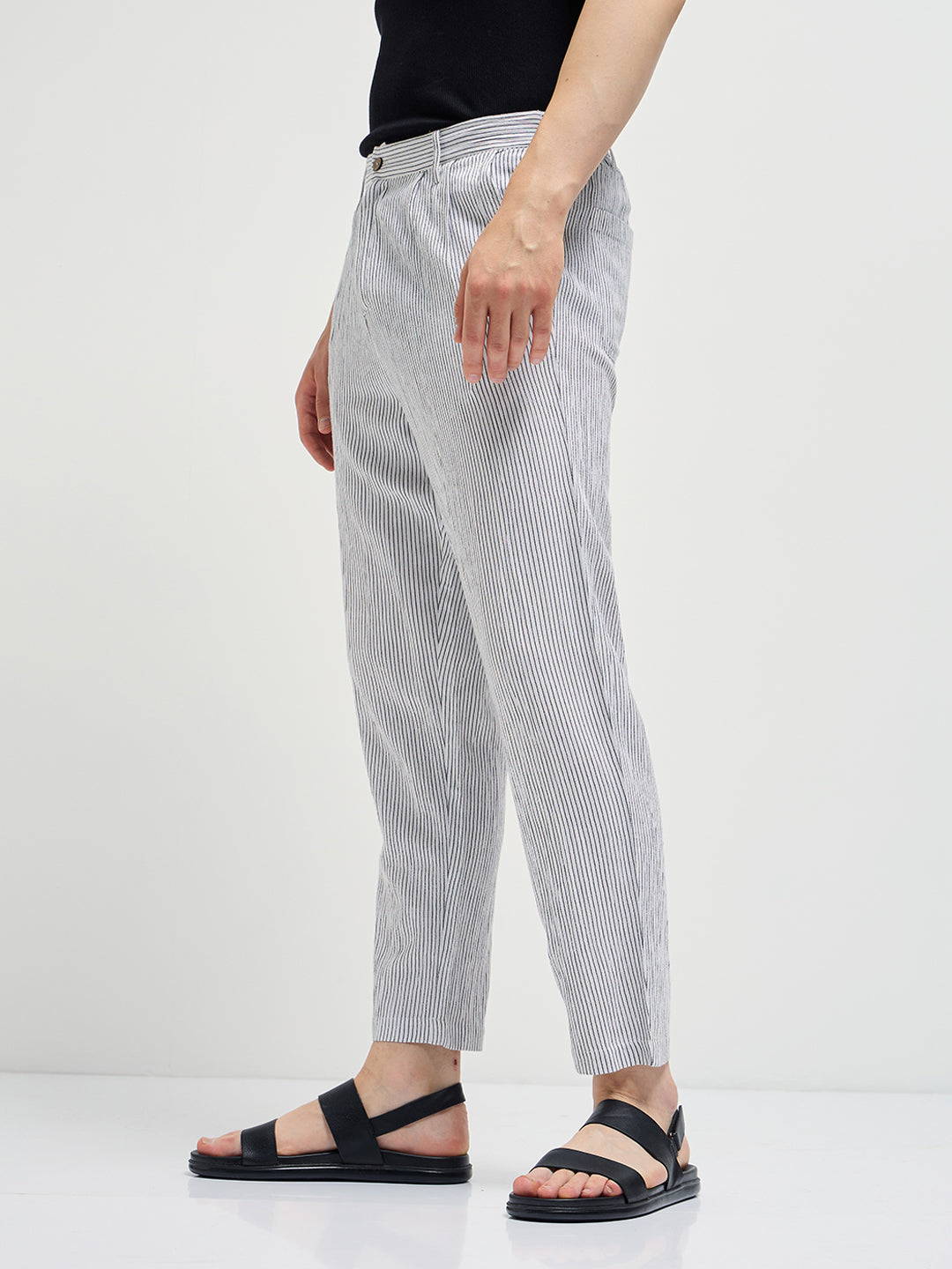 Men White Striped Slim Fit Casual Trousers